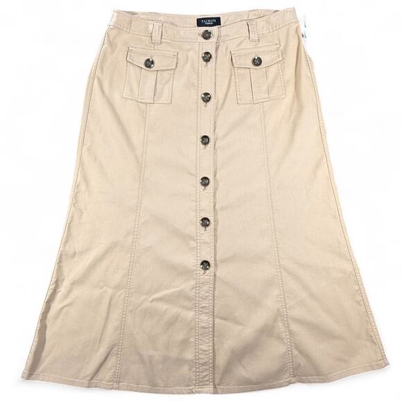 Talbots Cargo Midi Skirt Womens 14 Button Front Khaki Safari Utility A-line y2k - Picture 1 of 7